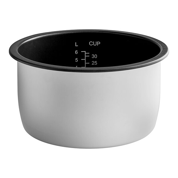 A black and white non-stick pot with a black lid for an Avantco rice cooker.