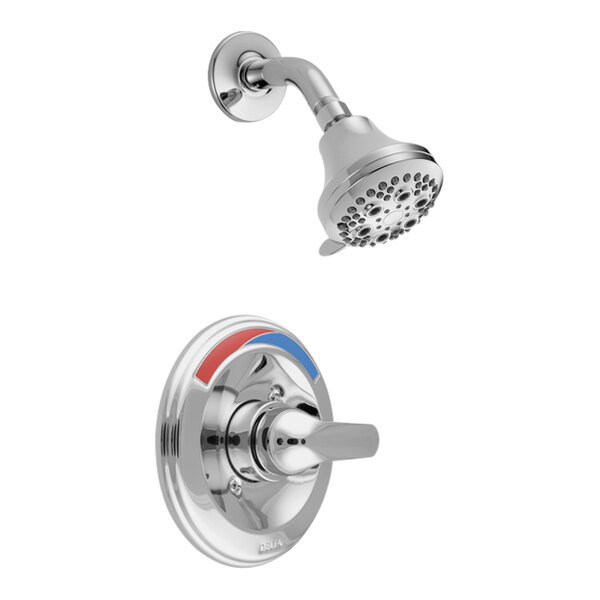 A close-up of a Delta shower head with blue and red accents.