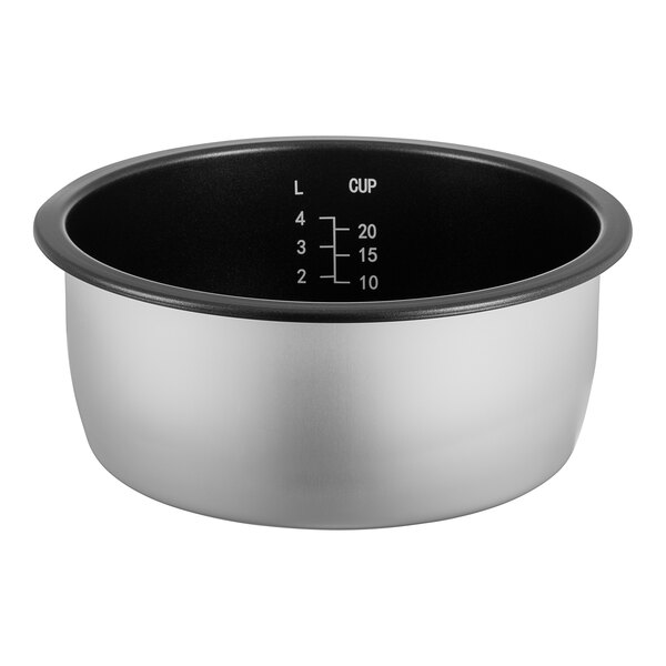 An Avantco non-stick pot for an RCSB40 rice cooker with a black lid.