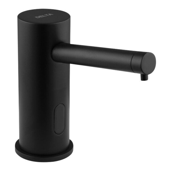 A Delta matte black deck mount electronic soap dispenser with a black lever.