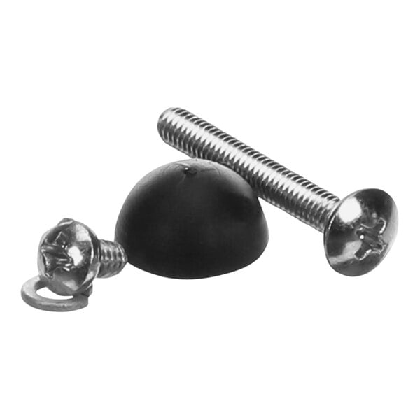 A close-up of a screw and black rubber foot.