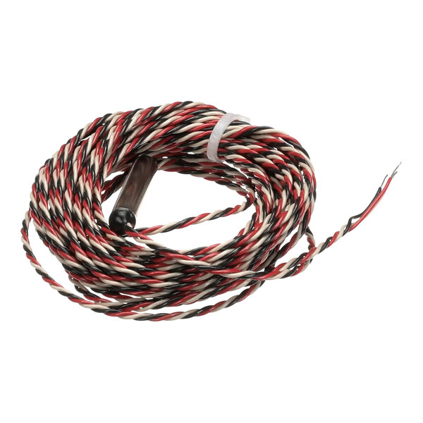 A coiled wire with a black and red stripe.