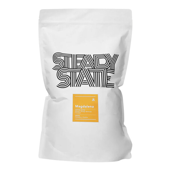 A white bag with a black and white Steady State Coffee logo and black text on it.