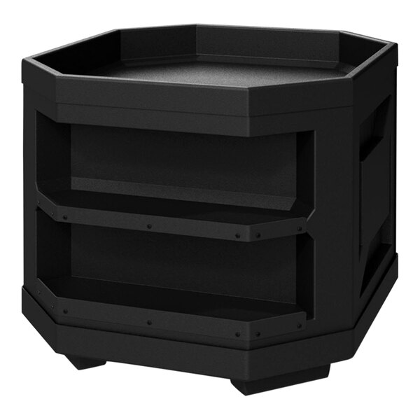 A Borray black plastic orchard bin with two shelves.
