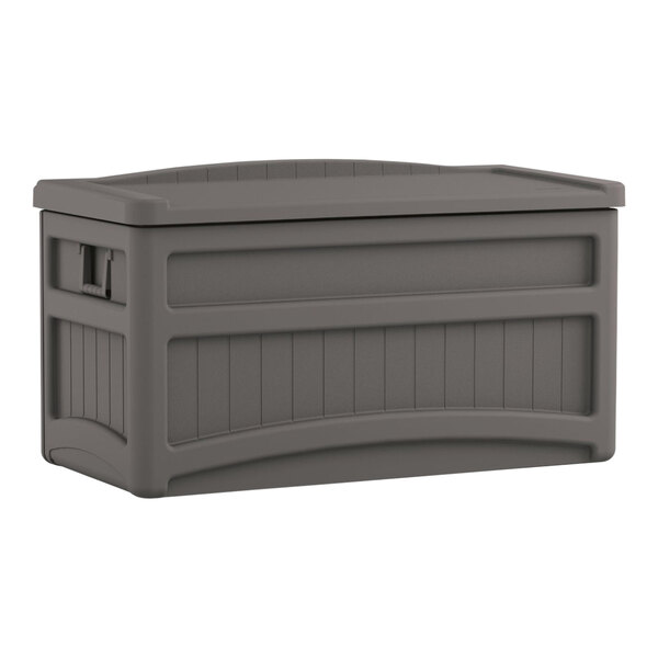 A Suncast grey plastic storage box with a lid.
