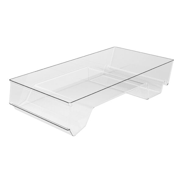A clear plastic Borray shallow front dummy bin on a table in a salad bar.