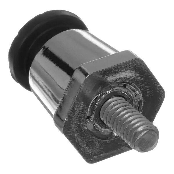 A black metal screw with a nut on it, the Garland 2635401 Appliance Leg.
