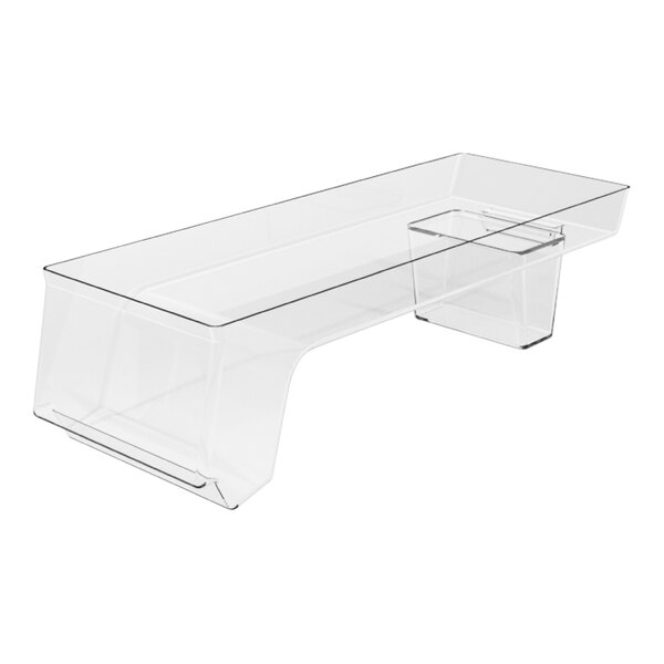 A clear rectangular plastic bin with a closed back and legs.