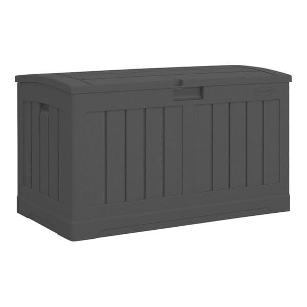 A grey Suncast resin outdoor storage box with a lid.