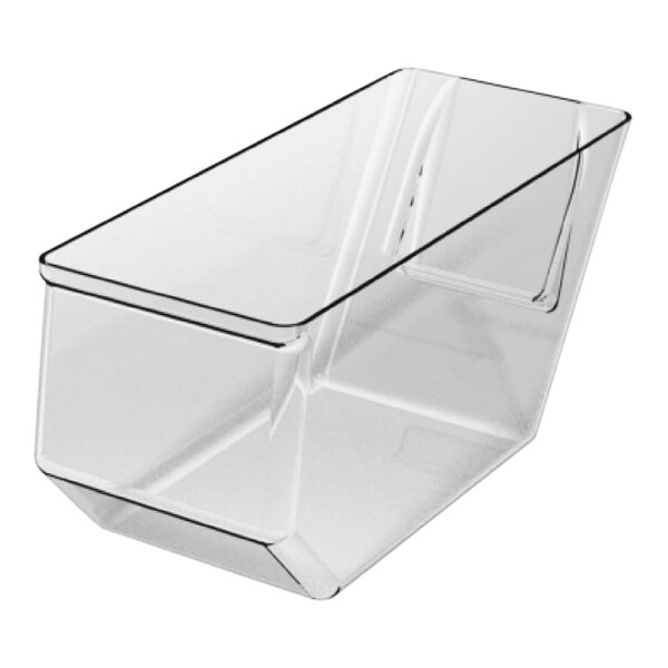 A clear plastic Borray bulk bin with a clear lid on a table.