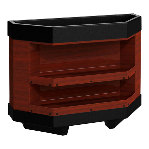 A black rectangular cherry plastic end cap with 2 shelves and red edges.