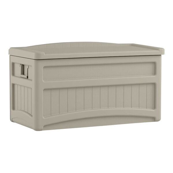A Suncast light taupe plastic storage box with a lid.