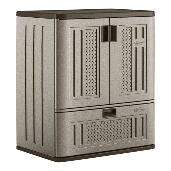 A grey plastic storage cabinet with a single drawer.
