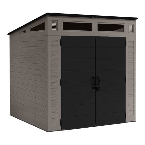 A grey Suncast storage shed with black double doors.