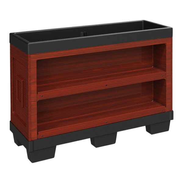 A cherry wood Borray end cap with black shelves and trim.