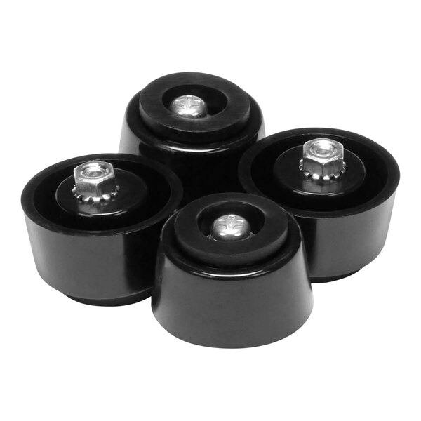 A group of black rubber feet with silver screws.