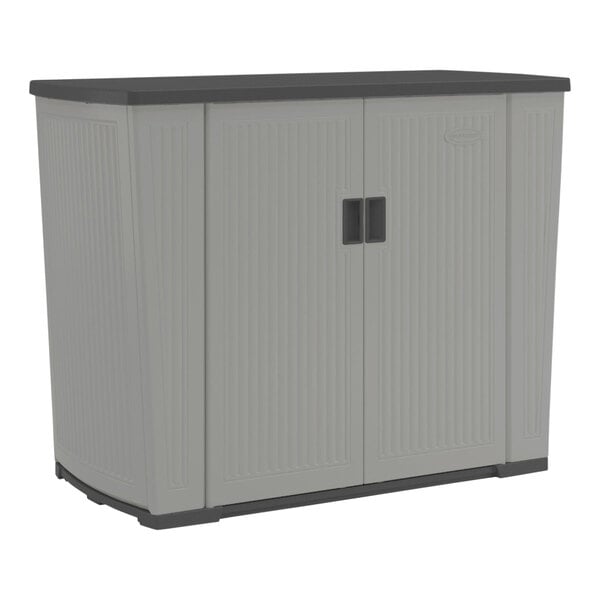 A grey Suncast outdoor storage cabinet with black handles.