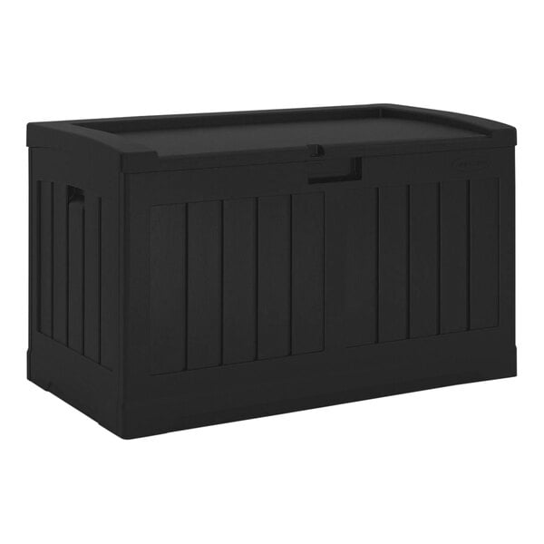 A Suncast Java resin outdoor storage deck box with a lid.