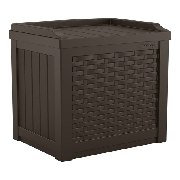 A brown plastic Suncast outdoor storage deck box with a lid and woven basket weave details.
