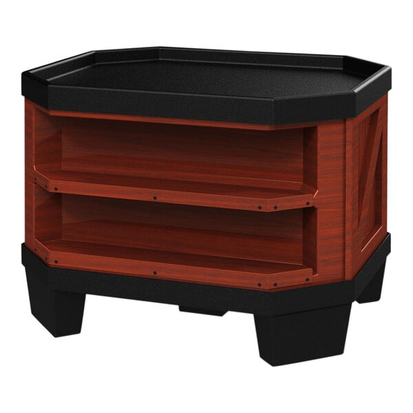 A wood and black plastic Borray orchard bin with shelves.