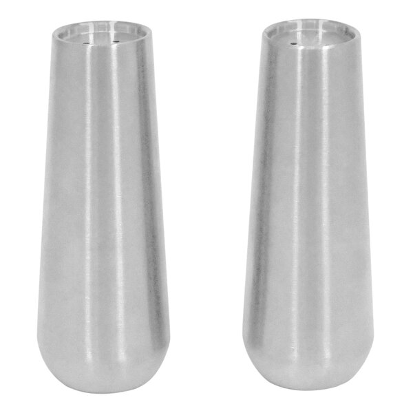 A pair of silver cylindrical Front of the House salt and pepper shakers.
