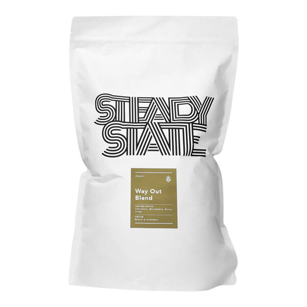 A white bag of Steady State Way Out Organic Whole Bean Coffee with black text and a black and white logo.