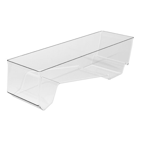 A clear molded plastic deep slant dummy bin with curved edges and a handle.