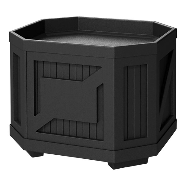 A black hexagon-shaped plastic orchard bin.