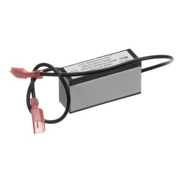 A grey rectangular Garland EMI / Noise Filter with red and black wires.