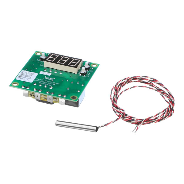 A green circuit board with a Hatco temperature control device with a digital display and a white and red wire.