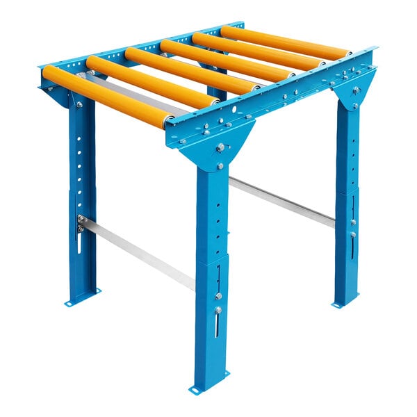 A blue metal gravity conveyor with blue and yellow polyurethane-coated rollers.