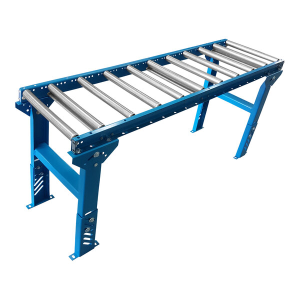 A blue roller conveyor with silver rollers.