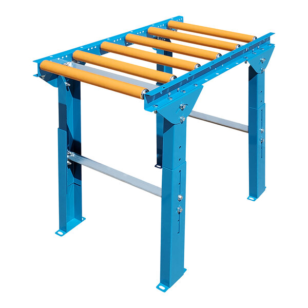 A Lavex blue steel roller conveyor with blue and yellow polyurethane-coated rollers.