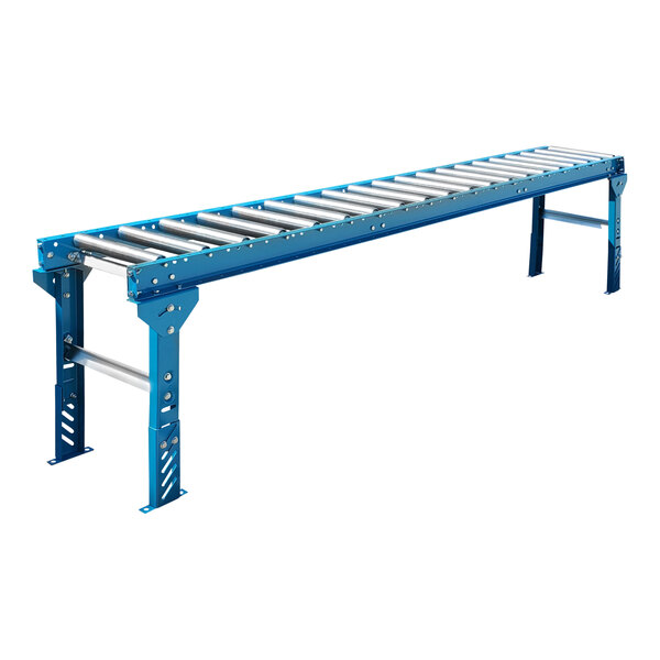 A blue roller conveyor with galvanized steel rollers and legs.