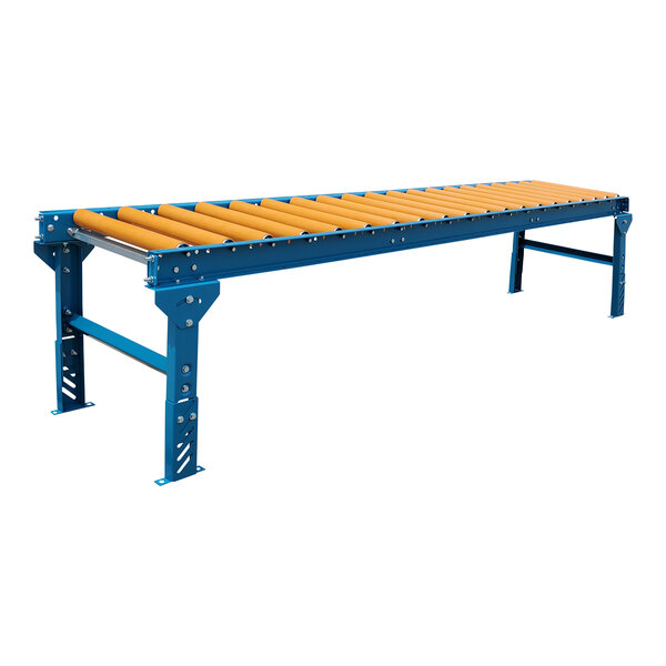 A blue and yellow Lavex roller conveyor with legs.