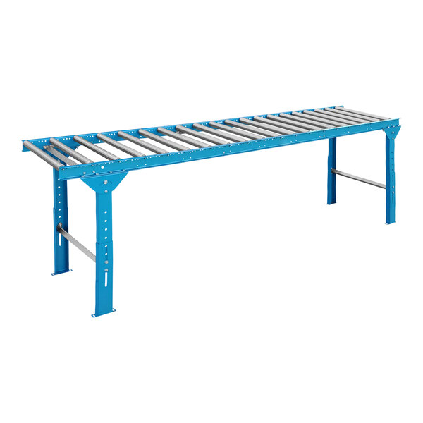 A blue Lavex roller conveyor with a metal frame.