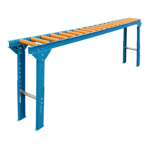 A blue steel roller conveyor with orange polyurethane-coated rollers and legs.