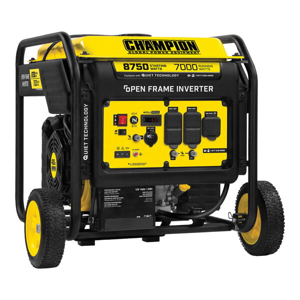 A Champion portable generator with wheels and a yellow and black open frame.