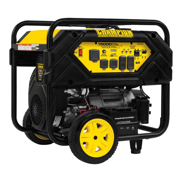 A black and yellow Champion portable generator with wheels.