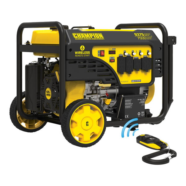 A yellow and black Champion portable generator with electric, recoil, and remote start capabilities.
