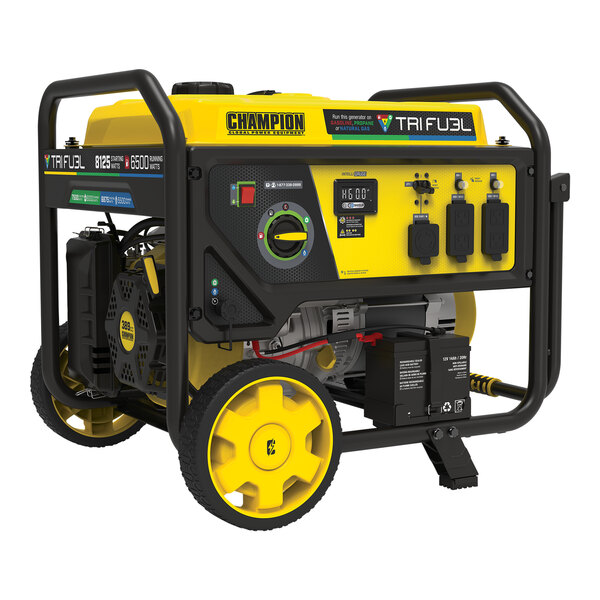 A yellow and black Champion Power Equipment portable generator.
