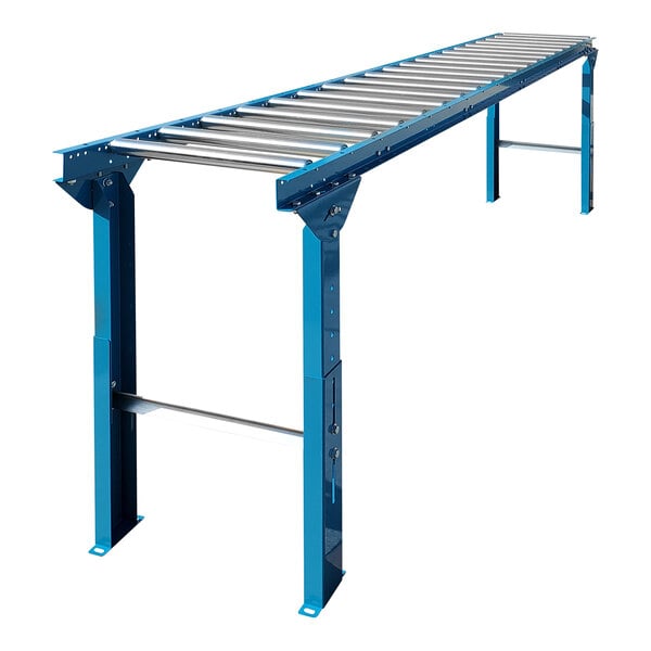 A blue metal roller conveyor with legs.