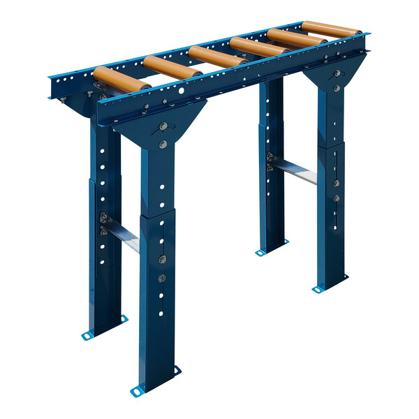 A blue metal Lavex gravity roller conveyor with polyurethane-coated rollers.