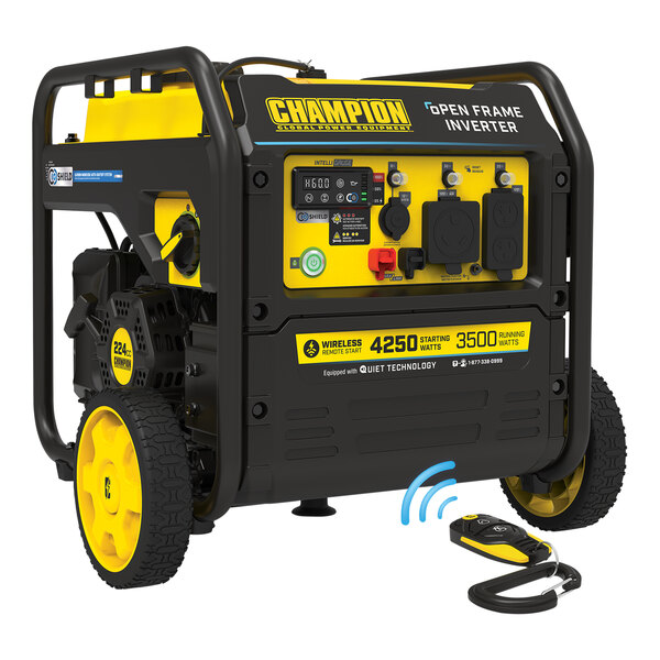 A black and yellow Champion Power Equipment portable generator with remote start.