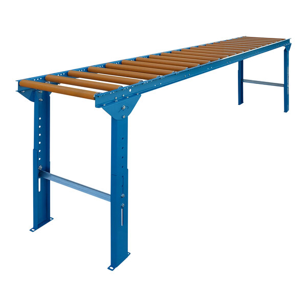 A blue metal Lavex roller conveyor with brown rollers.