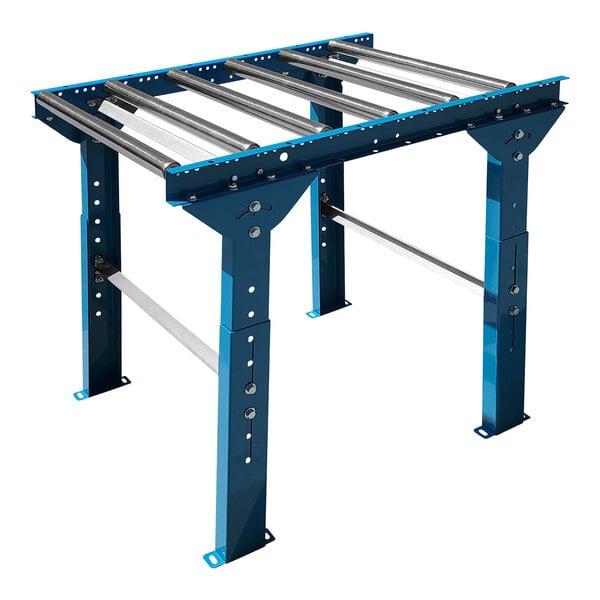 A blue and silver metal Lavex roller conveyor with legs.