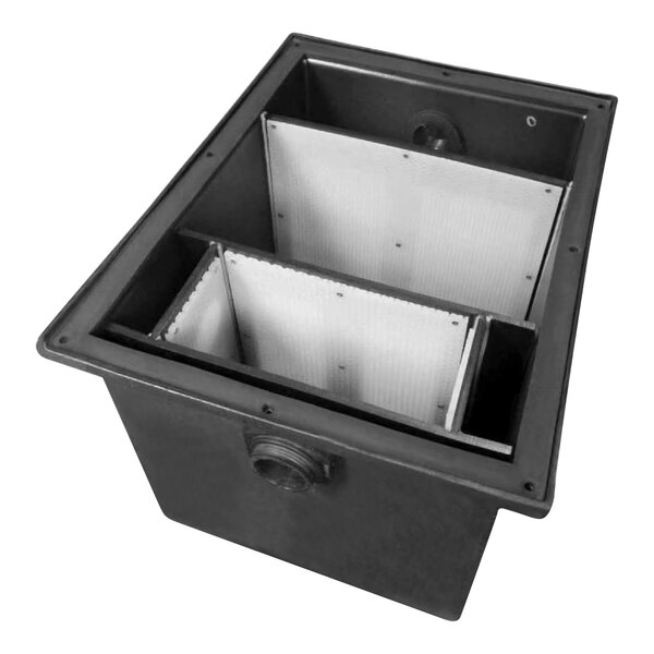 A black rectangular Ashland Polyethylene Sediment Interceptor with two compartments and a hole in it.