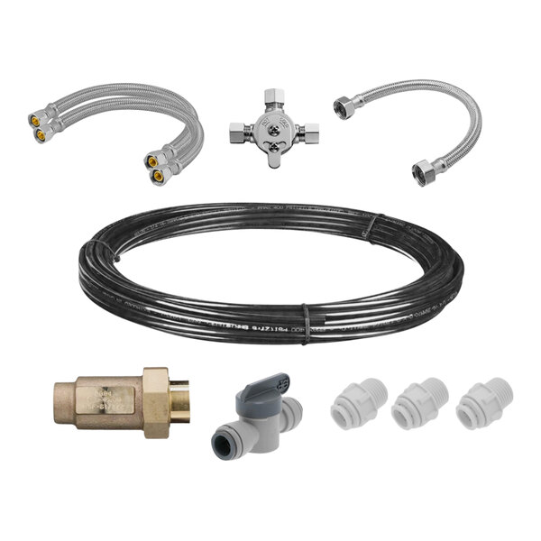 An Omni-Rinse installation kit with hoses, pipes, and connectors.