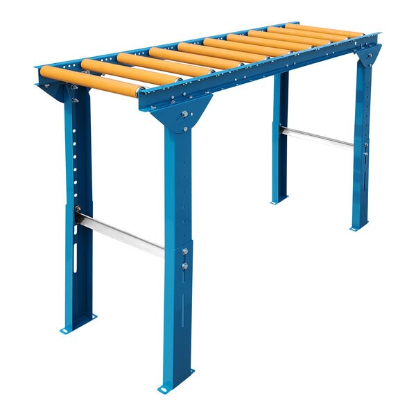 A blue metal Lavex roller conveyor with yellow polyurethane-coated rollers.