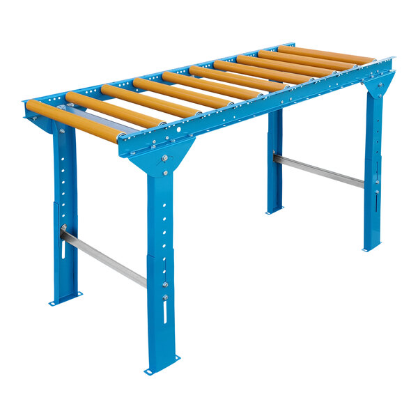A blue and yellow metal roller conveyor with Lavex polyurethane-coated rollers.